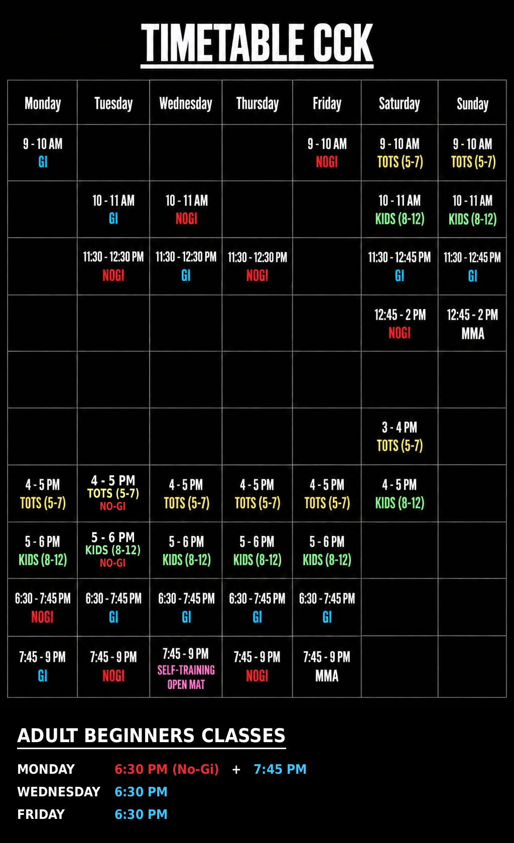 Safra Choa Chu Kang class timetable showing weekly schedule for GI, No-GI, Kids, Tots, and MMA classes