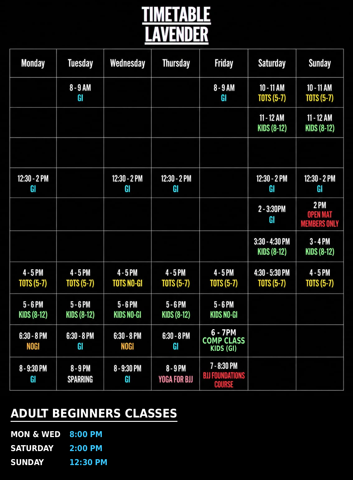 Lavender class timetable showing weekly schedule for GI, No-GI, Kids, and Tots classes